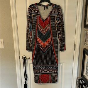 Fire Los Angeles Black and Red Sheath Dress Long Sleeve V-Neck Size Medium